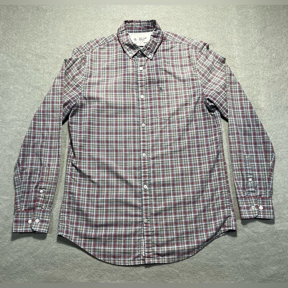 Original Penguin Men’s Medium Button Down Shirt Gray Plaid Long Sleeve Cotton